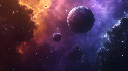 Wall Mural - planets orbiting distant star with cosmic clouds and galaxies