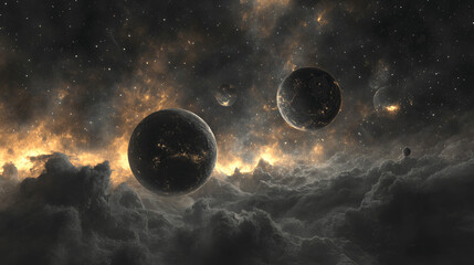 Wall Mural - planets orbiting distant star with cosmic clouds and galaxies