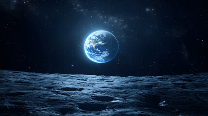 Wall Mural - earth viewed from the moon with glowing blue planet in dark sky