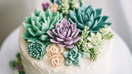 A cake with green and purple flowers on it