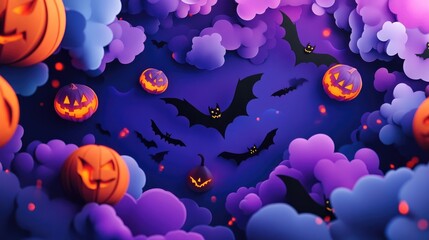 Wall Mural - Happy Halloween banner or party invitation background with clouds, bats and pumpkins in paper cut style