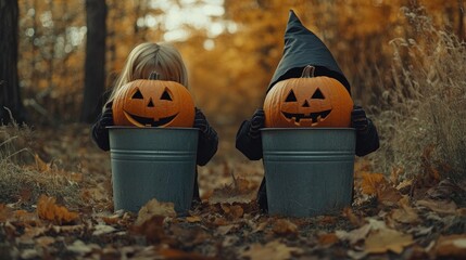 Happy Halloween! funny children in carnival costumes hide their heads behind buckets pumpkins outdoors