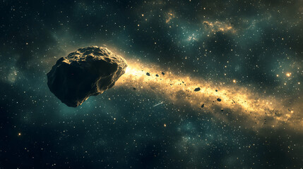 Wall Mural - giant asteroid hurtling through space with trail of cosmic dust