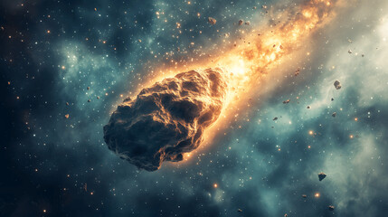 Wall Mural - giant asteroid hurtling through space with trail of cosmic dust