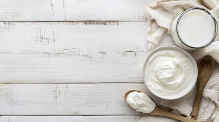 A white wooden table with a jug and a glass of fresh milk, alongside a bowl of Greek yogurt, with plenty of space for text or design.