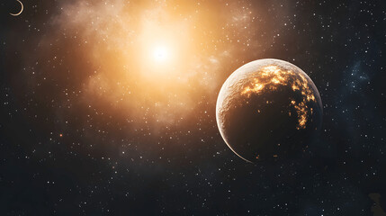Wall Mural - distant exoplanet with glowing atmosphere and moons in space