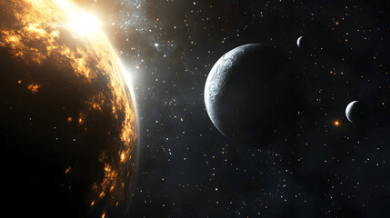 Wall Mural - distant exoplanet with glowing atmosphere and moons in space