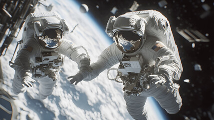 Wall Mural - two astronauts touching hands in space with earth in the distance
