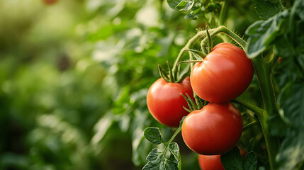 fresh ripe tomatoes on the vine in a green vegetable garden