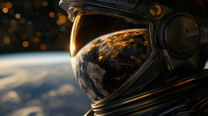 Wall Mural - astronaut helmet reflecting earth from space with stars and nebulae