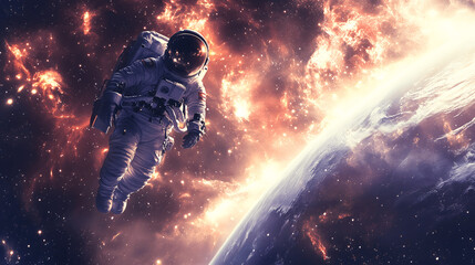 Wall Mural - astronaut floating near distant planet with stars and cosmic dust