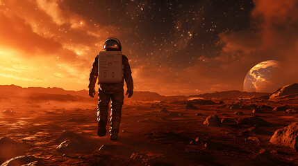 Wall Mural - astronaut walking on mars with rocky landscape and stars