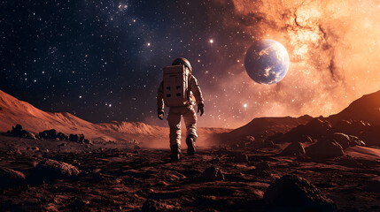 Wall Mural - astronaut walking on mars with rocky landscape and stars