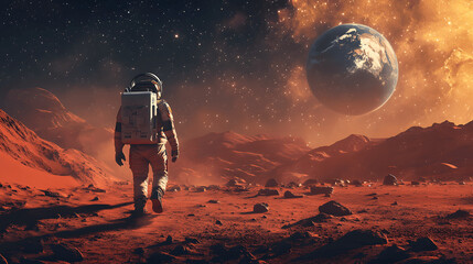 Wall Mural - astronaut walking on mars with rocky landscape and stars