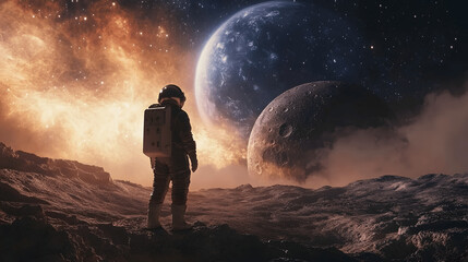 Wall Mural - astronaut standing on moon looking at nearby planet with stars