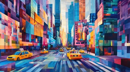 Poster - Abstract Cityscape with Yellow Taxis and Geometric Buildings