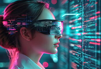 Wall Mural - AI cybersecurity threat illustration, female specialist analyzing information technology data, artificial intelligence collage augmented reality,