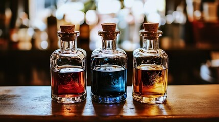 Three bottles of liquor are lined up on a bar counter