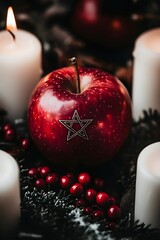 Pagan star shaped symbol on red apple on dark background with berries and burning candles. Mabon sabbat, Samhain, Yule. Autumn equinox holiday. Wiccan pagan religion. Magic esoteric spiritual ritual