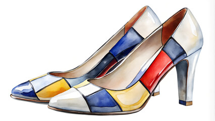 Hand-painted stylish high heels with a colorful geometric pattern in watercolor style