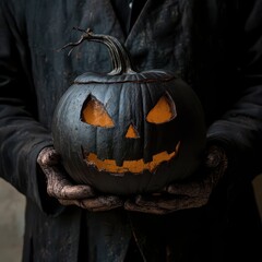 Canvas Print - Person holding a carved black pumpkin with glowing eyes on Halloween night