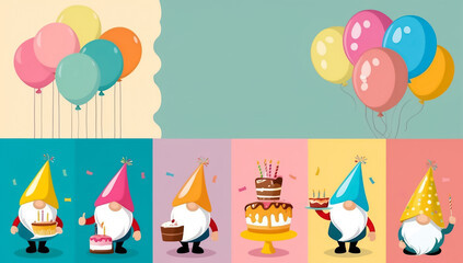 cute cartoon gnome with cake, birthday flat design illustration