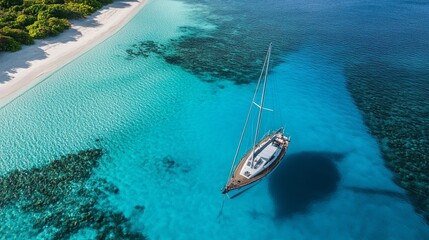 An ultra-wide aerial drone photo shows a sailboat anchored in calm, tropical, turquoise waters, creating a blue lagoon.