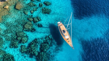 An ultra-wide aerial drone photo shows a sailboat anchored in calm, tropical, turquoise waters, creating a blue lagoon.