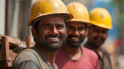 Wall Mural - 
Smiling Indian construction workers wearing yellow hard hats working together outdoors in bright sunlight