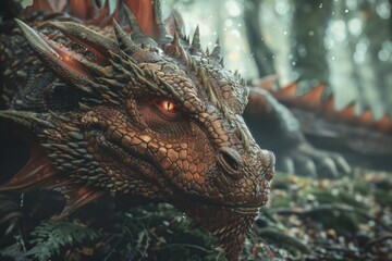 Poster - A close-up view of a dragon's head amidst the trees in a dense forest