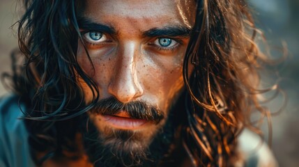 Poster - Portrait of a bearded man with long hair, looking directly at the camera