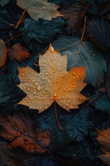 Poster - A single leaf with water droplets lying on the ground, great for environmental or nature-themed projects