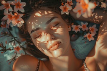 Sticker - A woman relaxing with flowers woven into her hair