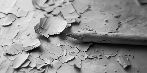 Poster - A close-up shot of a broken pencil lying on a table, with the tip snapped off and the wood exposed