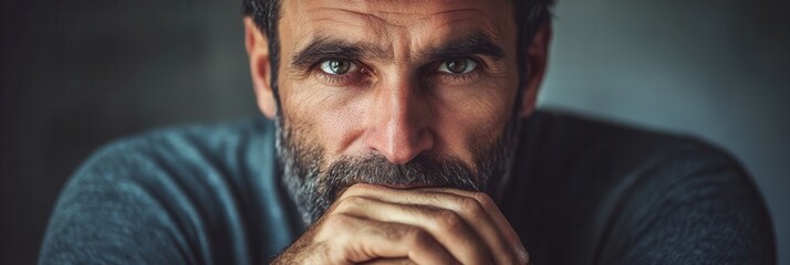 Poster - A man with a serious demeanor sits thoughtfully, resting his chin on his hands, lost in deep contemplation amid soft lighting. Generative AI