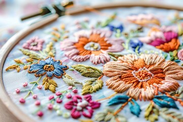 Poster - Close-up view of embroidery on a hoop, suitable for craft or sewing-related uses