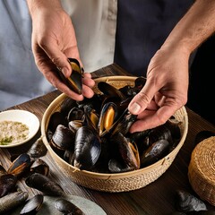 mains d'un homme préparant et cuisinant des moules en illustration ia