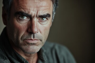 Poster - A man with a serious expression contemplates deeply, lost in thought in a softly illuminated space, possibly reflecting on personal matters. Generative AI