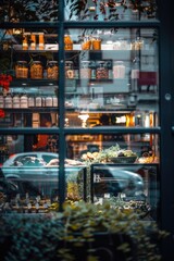 Poster - A vehicle parked in front of a retail storefront with products displayed in the window