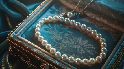 Poster - A pearl necklace resting on a blue box, perfect for jewelry or gift displays