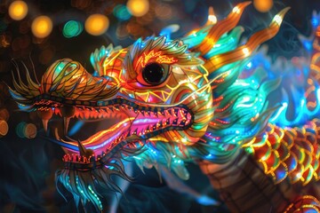 Poster - A brightly lit dragon statue stands out in a dimly lit room