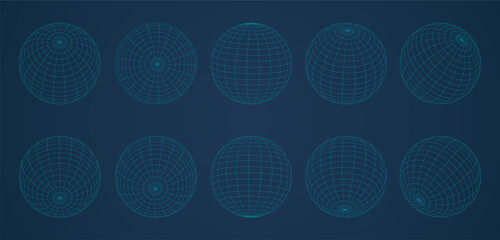 Globe grid spheres. Striped 3D wireframe spheres, geometry globe grid, earth latitude and longitude line grid vector symbols set