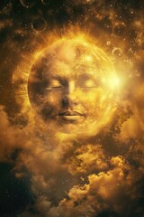 Aufkleber - A serene scene of a woman's face reflected in clouds with the sun shining bright in the background