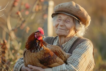 Sticker - An elderly woman cuddling a chicken in her arms