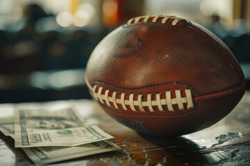 Poster - A football sitting on top of a wooden table, great for various uses such as decoration or photography props