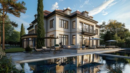 Poster - A large house with a pool in the front yard, great for summer vibes and relaxation