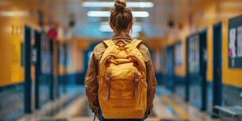 Aufkleber - A person carrying a backpack navigates through a long corridor