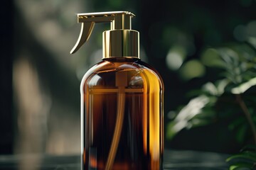 Poster - A clear glass bottle filled with liquid sits on a table
