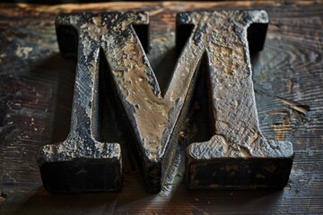 Poster - A close-up shot of a metal letter 'M' on a wooden surface