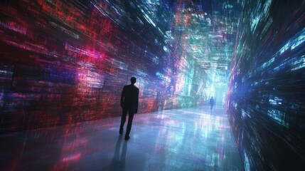 Poster - Silhouette of a Man Walking Through a Futuristic Tunnel of Digital Data